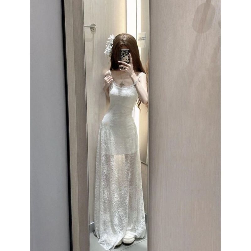 Travel and Vacation Outfit Design, Loose and Versatile, Fashionable Design, Lace Splicing, Niche Lace Long White Dress Travel and Vacation Outfit Design, Loose and Versatile, Fashionable Design, Lace Splicing, Niche Lace Long White Dress
