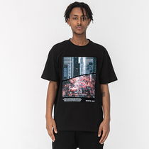 WHITE HOT US High Street Urban Night Scene Printing Casual Short Sleeve T - Shirt Version Men and Women