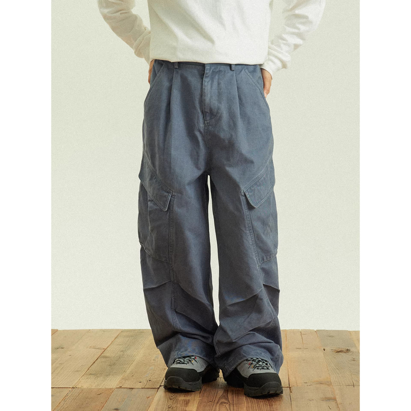 Goodnorth Japanese Retro Workwear Blue Cargo Pants Unisex Multi-Pocket Loose Straight Casual Long Pants