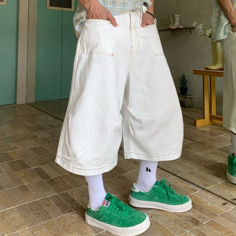 Holocene American Fashion Brand Retro Washed Versatile Workwear Style Jeans Loose Wide Leg Cropped Pants N1283