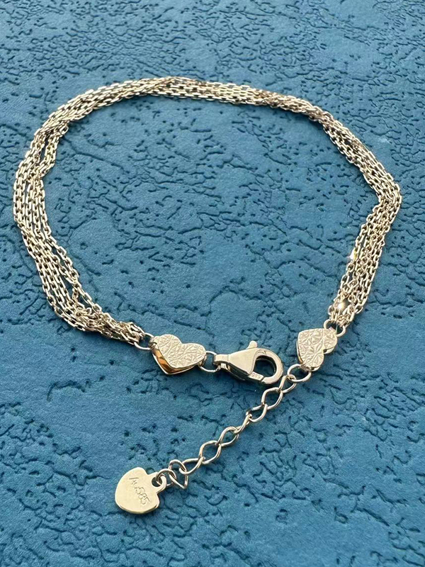 Korean-Style Pure 14K Gold Five-Layer Bracelet with Gold Cross Chain, Engraved Heart, Adjustable Plain Gold, European and American Light Luxury, Non-Fading