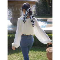 Beautiful Emperor drawstring round neck shirt 2021 summer New loose pullover shirt lantern sleeve top female