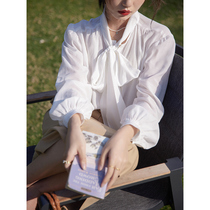 Beautiful Emperor French vintage white bow streamer shirt Design sense Niche loose bubble sleeve top