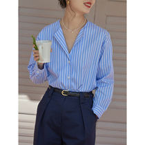 Beautiful emperor blue striped cotton shirt womens early spring 2021 new French gentle wind long-sleeved shirt