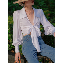 Beautiful emperor 21 spring section large lapel vintage cross-knotted French niche long-sleeved white shirt women anti-wrinkle
