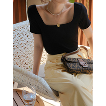 Beautiful emperor 2021 summer new wild thin French retro square collar short-sleeved T-shirt women