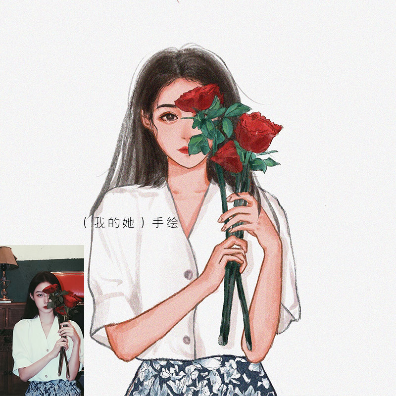 (My She) Hand-Painted Avatar Design Custom Watercolor Cartoon Manga Photo Logo Anime Couple Wedding Ceremony