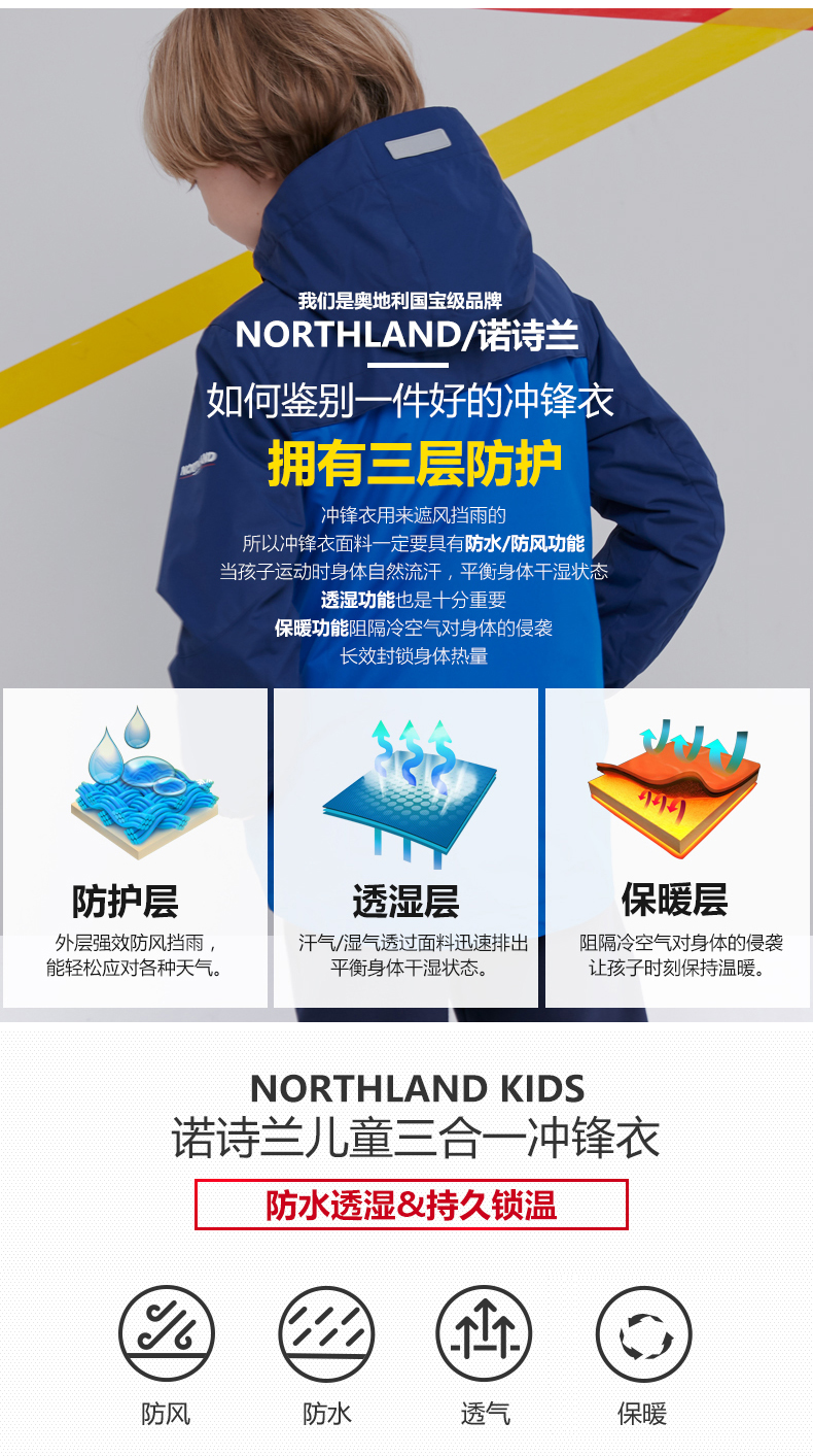 诺诗兰 男女童 三合一冲锋衣 防水透湿 持久锁温 图1