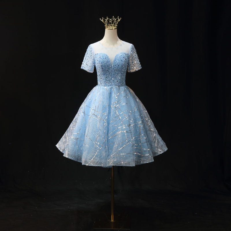High-End Beaded Blue Short-Sleeved Evening Dress, Slim and Fashionable, Birthday Party Banquet Host Bridesmaid Dress, Short Style