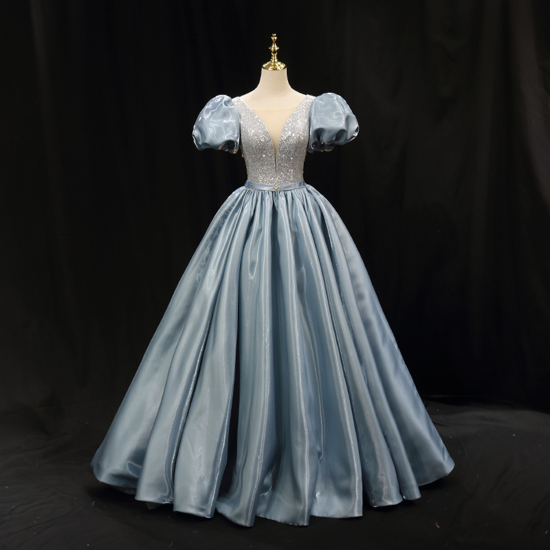Blue Puff-Sleeve Princess Evening Dress, Slimming Satin, Suitable for Art Exams, Graduation, Prom, Performance, Annual Meeting, Hostess Long Dress