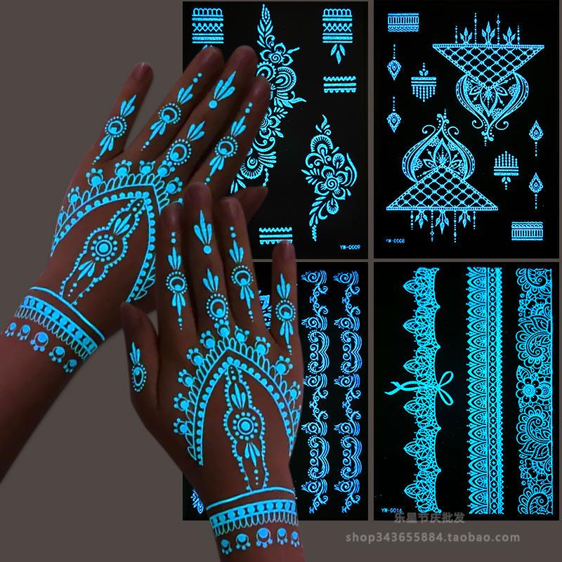 European and American Cross-Border Luminous Tattoo Stickers Indian Hannah Lace Hollow-Out Blue Light Hand and Foot Stickers Party Decoration