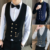 Double-breasted V-collar short vest men Korean version of trend jacket casual hair stylist work clothes suit vest horse clip