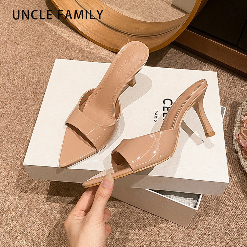 Hong Kong Genuine Leather Nude-Colored High-Heeled Sandals for Women, 2026 New Summer Patent Leather Pointed-Toe Stiletto Slip-On Sandals