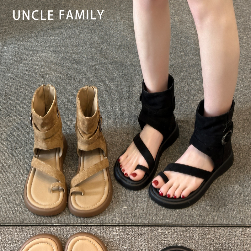 Hong Kong Genuine Leather Thick-Soled Western-Style Thong Sandals for Women 2026 New Summer Height-Increasing Non-Slip Slouch Boots Roman Sandals