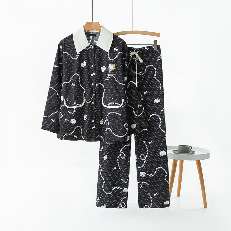 Hello Kitty Pajamas Tencel Cotton Beast Home Song Yuqi Same Style Spring New Dark Color Can Be Worn Outside Home Clothes