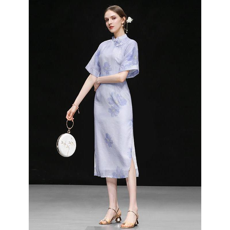 2025 New Summer Style Retro Cheongsam Trumpet Sleeves Waist Slit Elegant Tencel Jacquard Cheongsam Dress