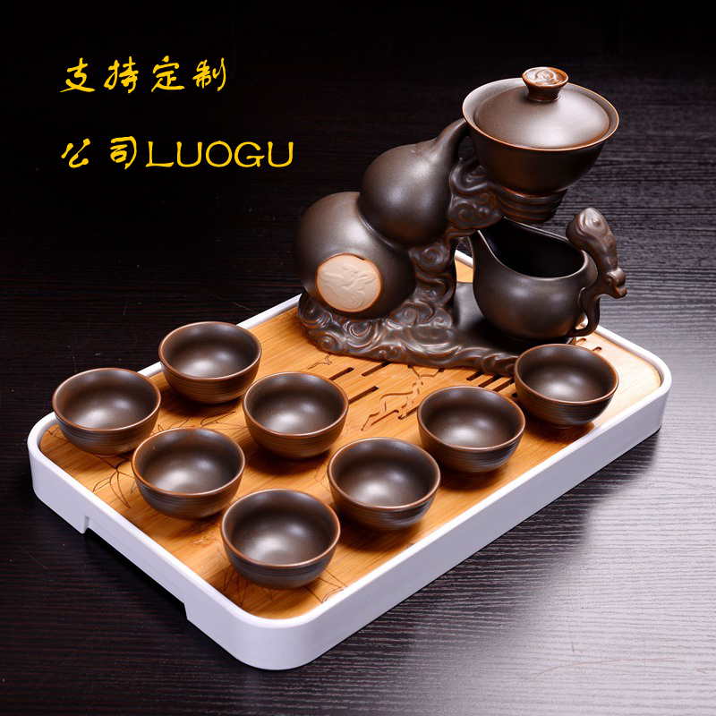 Gourd purple sand retro semi-automatic tea set set lazy kung fu tea maker household ceramic set
