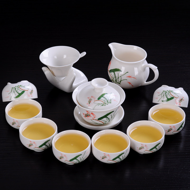 Gongfu tea furniture set glaze-colored ceramic tea set jade white porcelain cover bowl three-foot tea cup whole set of green flower porcelain tea bowl