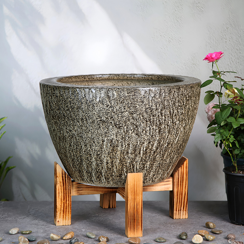 Traditional Imitation Stone Ceramic Fish Tank with Rockery, Agarwood, and Solid Wood Stand, Large Display Tank for Home Use with Lotus