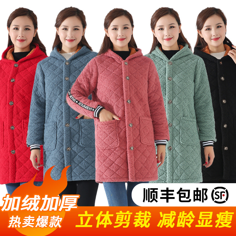 New large size plus velvet thickened blouse to keep warm and wear mother winter overalls coat long version anti-dirty winter women