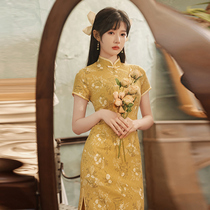 Cheongsam 2021 new improved fashion young cotton linen yellow girl hipster dress sweet beauty