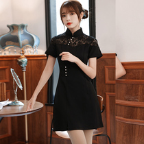 Cheongsam young girl new split lace stitching short black spring and summer short sleeve modified dress women