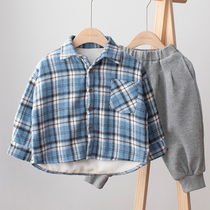 Boys long-sleeved shirt autumn and winter baby plus velvet shirt Korean version of the child foreign-made plaid top thick coat tide