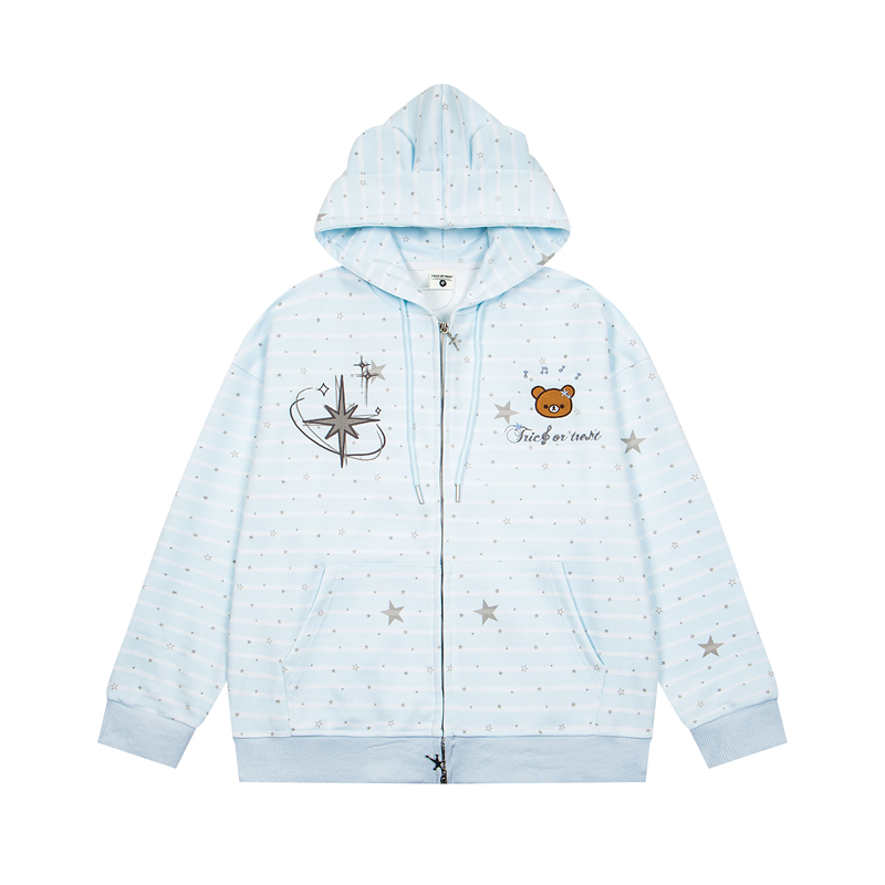 Original Star-Striped Bear Embroidery Hooded Sweatshirt for Women, Autumn Bear Ear Cardigan, Loose and Cute Versatile Jacket Original Star-Striped Bear Embroidery Hooded Sweatshirt for Women, Autumn Bear Ear Cardigan, Loose and Cute Versatile Jacket