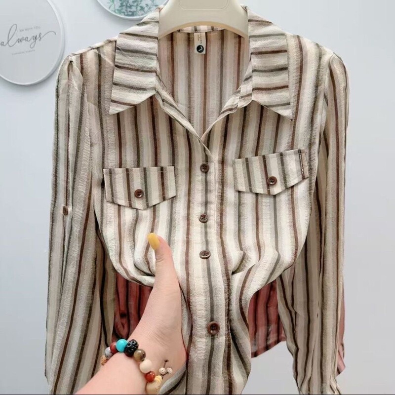 Elegant Striped Shirt 2025 New Style Long-Sleeved Top for Outerwear, Slimming and Fashionable Loose-Fitting Base Shirt for Women