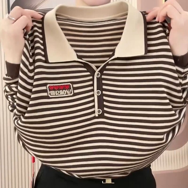 【 40-115kg 】Polo Collar Stylish Striped Artistic Women's Base Shirt for Spring, Casual, Slimming and Age-Reducing 【 40-115kg 】Polo Collar Stylish Striped Artistic Women's Base Shirt for Spring, Casual, Slimming and Age-Reducing