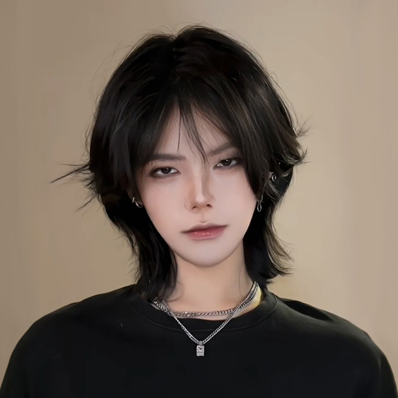 Unisex Wig, Men's Chinese Style Daily Natural Wolf Tail Mullet Head, Realistic Short Hair Samurai Head Full Wig