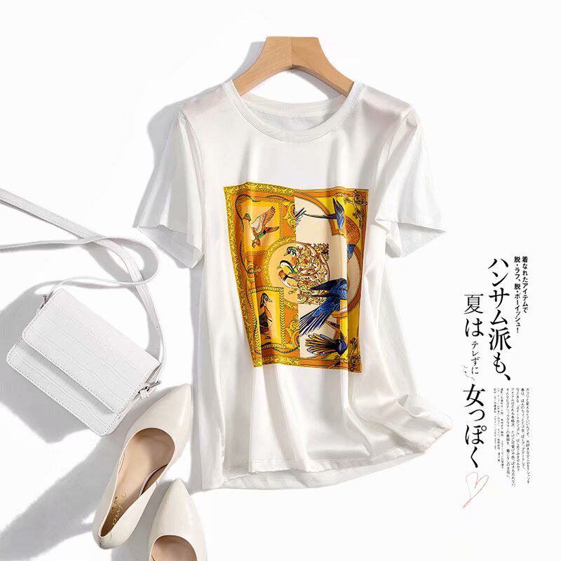 Foreign trade export big tail slice women's high - end withdrawal silk cotton silk satin satin surround short sleeve t - shirt women summer