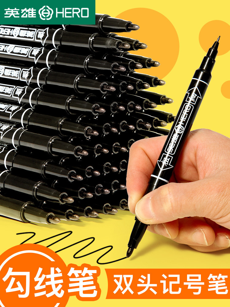 Hero marker Black fine head hook line pen Student art stroke small double-headed oily marker color mike pen Children's painting thickness head quick-drying scribing pen Waterproof does not fade
