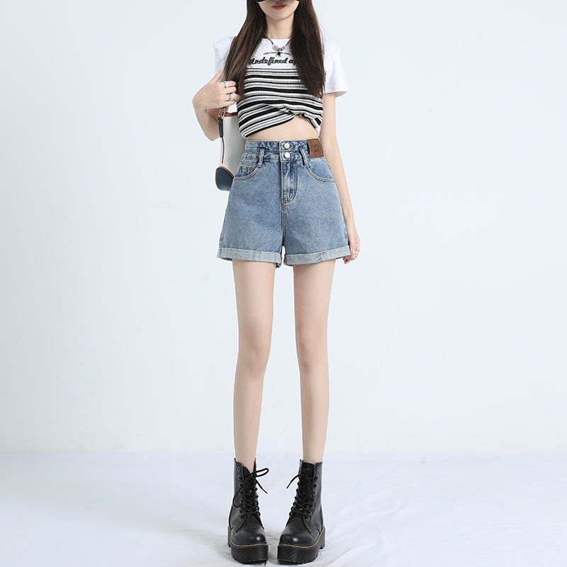 Light Blue High-Waisted Denim Shorts for Women, 2026 New Summer Style, Loose Fit, Slimming, Petite, Wide-Leg A-Line Hot Pants