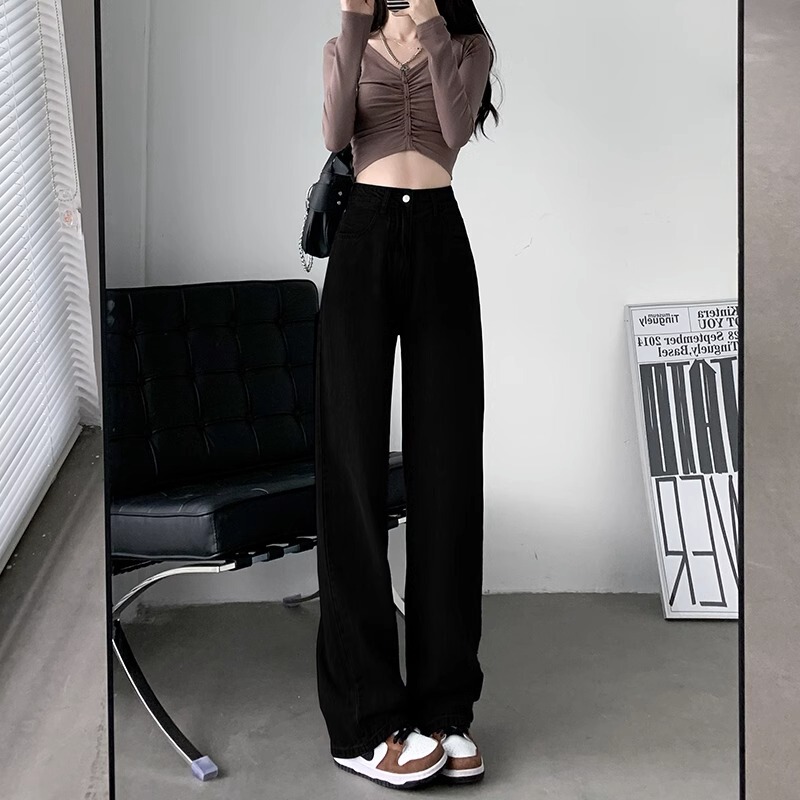 Black Slim Wide-Leg Jeans for Women 2026 New Early Spring High-Waisted Straight Loose Petite Popular Floor-Length Pants