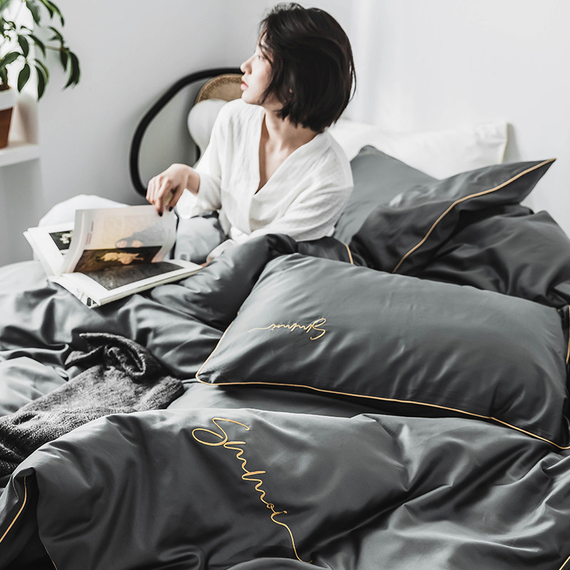 60 pieces of tribute satin embroidered full cotton long suede cotton four pieces of pure color minima quilt cover naked bed linen bed hat 1 8 x 2 0