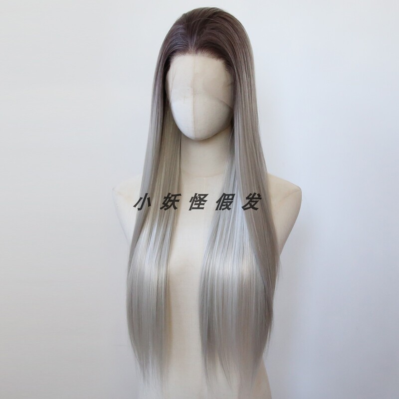 Black-Brown Gradient Ash Gold Front Lace Silver-Gray High-Temperature Fiber Full Wig ins Natural Whitening Full Wig Set