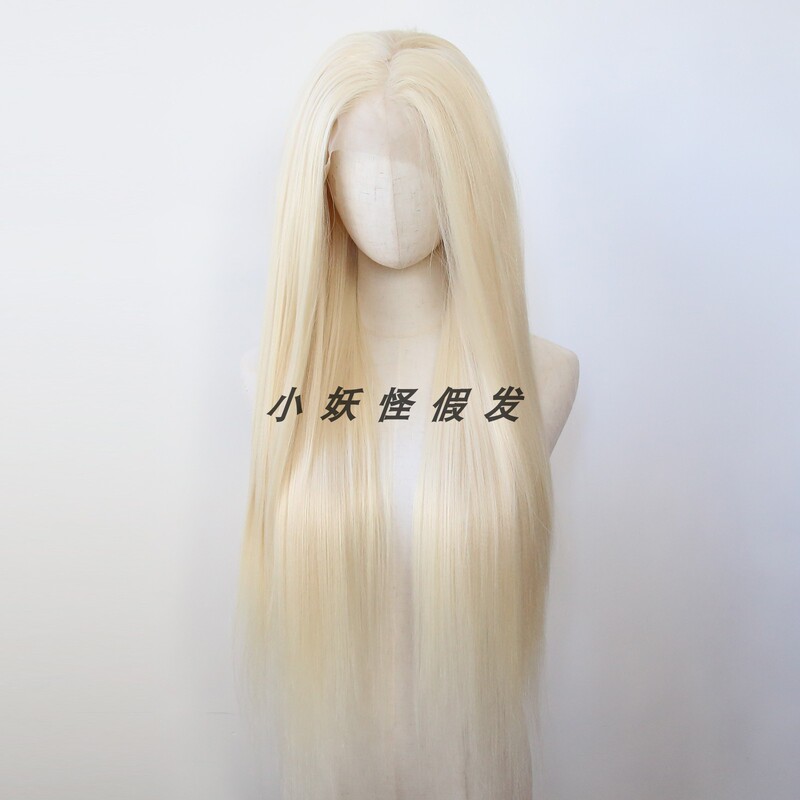 Golden Large Lace Synthetic High-Temperature Fiber Wig, Fluffy Corn Silk European and American Yaki Long Straight Hair Full Wig Set