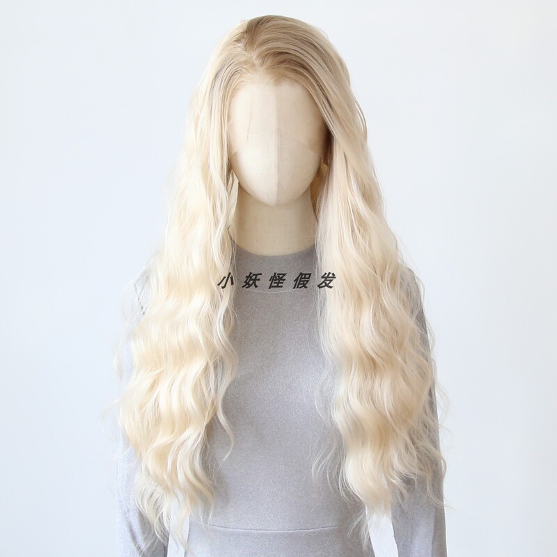 Dark Brown Gradient Light Gold Front Lace Water Wave Curly Full Head Wig Realistic European and American Style High Temperature Silk Full Wig Set