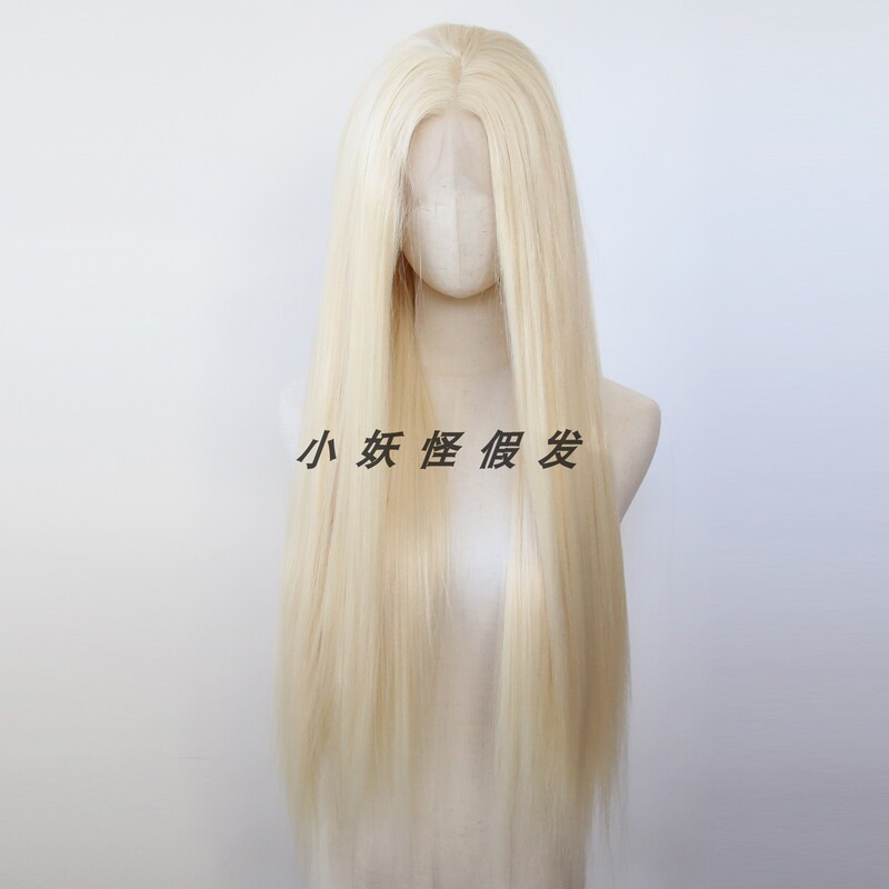 Golden Yellow Large Lace Synthetic High-Temperature Fiber Wig, Fluffy Corn Silk Yaki European and American Long Straight Hair Full Wig Set