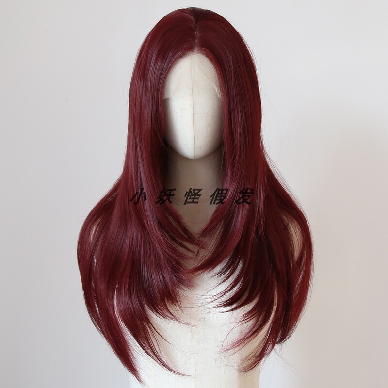 Deep Burgundy Lace Front Full Wig with Bangs, Makes Skin Look Fairer, Realistic and Natural, High-Temperature Fiber Full Wig Set