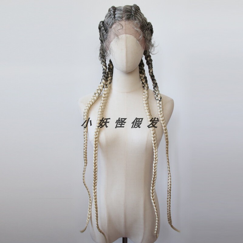 Black Gradient Golden Braided Lace High-Temperature Fiber 4-Strand Extra-Long Hand-Braided Dreadlocks Full Wig