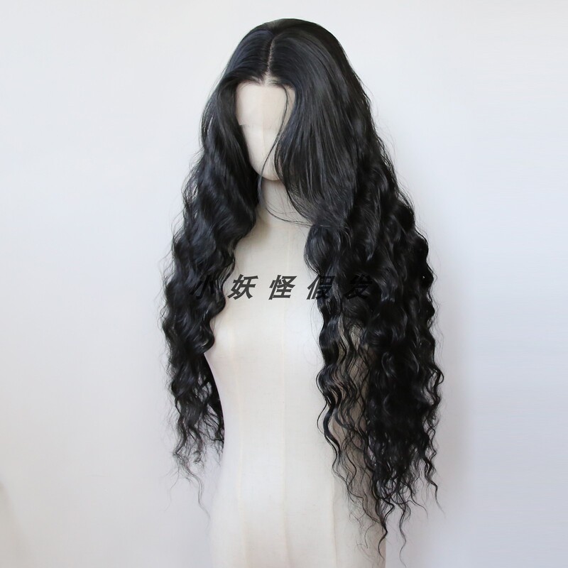 Natural Black Lace Front Full Wig High-Temperature Fiber Middle Part Natural Realistic Long Curly Hair Full Wig Set