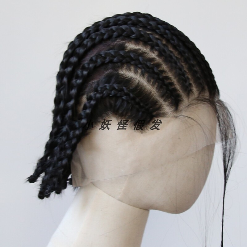 Ultra-Short, Coarse Braided Black Full Lace Hand-Knitted Synthetic Fiber High-Temperature Silk Three-Strand Dreadlocks Full Wig Set