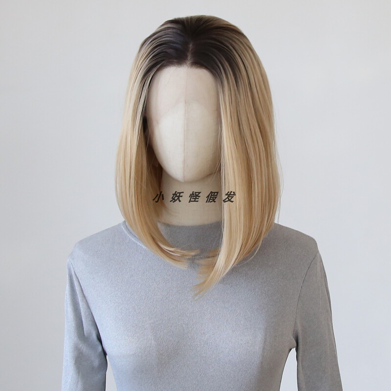 Gradient Honey Golden Brown Shoulder-Length Short Hair High-Temperature Fiber Full Wig Bob Natural Realistic ins Lace Full Wig