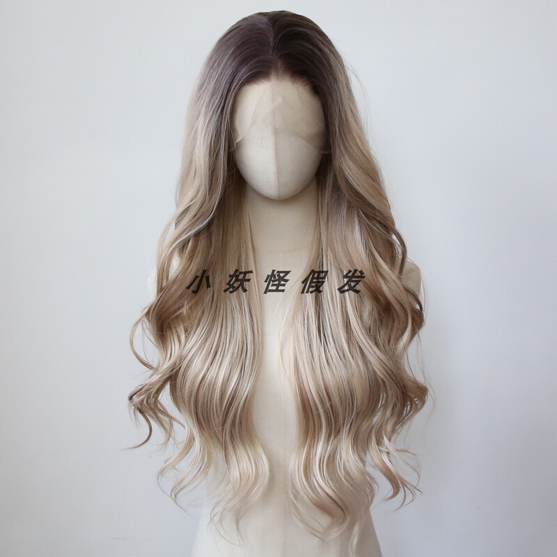 Gradient Sand Gold Brown Front Lace Wig High Temperature Silk Natural Whitening Paris Dyed Big Wave Full Wig Set