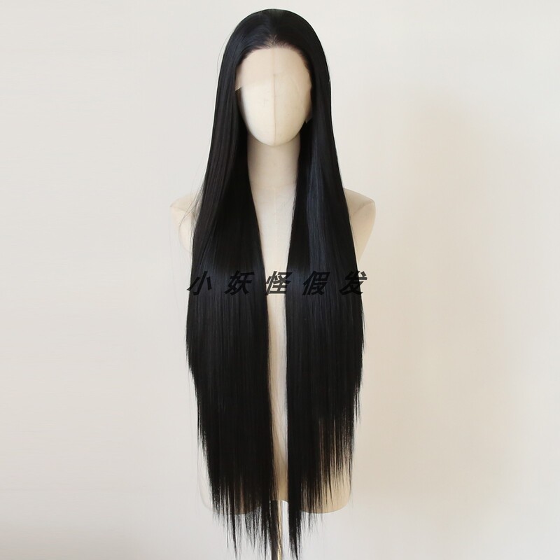 1m Long Natural Black Front Lace Synthetic High-Temperature Fiber Wig Cos Extra Long Straight Hair Full Wig Set