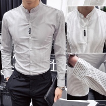 Stand-up collar shirt mens long-sleeved Korean slim fit trend handsome spring personality striped ruffian handsome casual hair stylist shirt