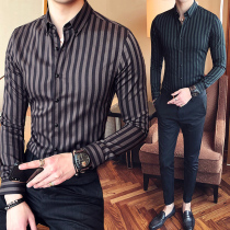 Vertical stripe shirt mens long-sleeved slim Korean version of the trend handsome shirt business casual hot-free youth mens top