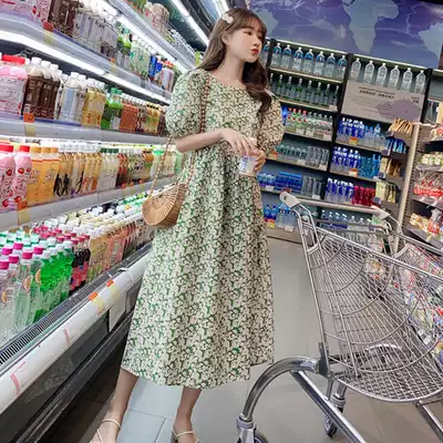 Bubble sleeve floral dress women's summer dress mid-length Korean version loose and sweet cotton a-line skirt French split